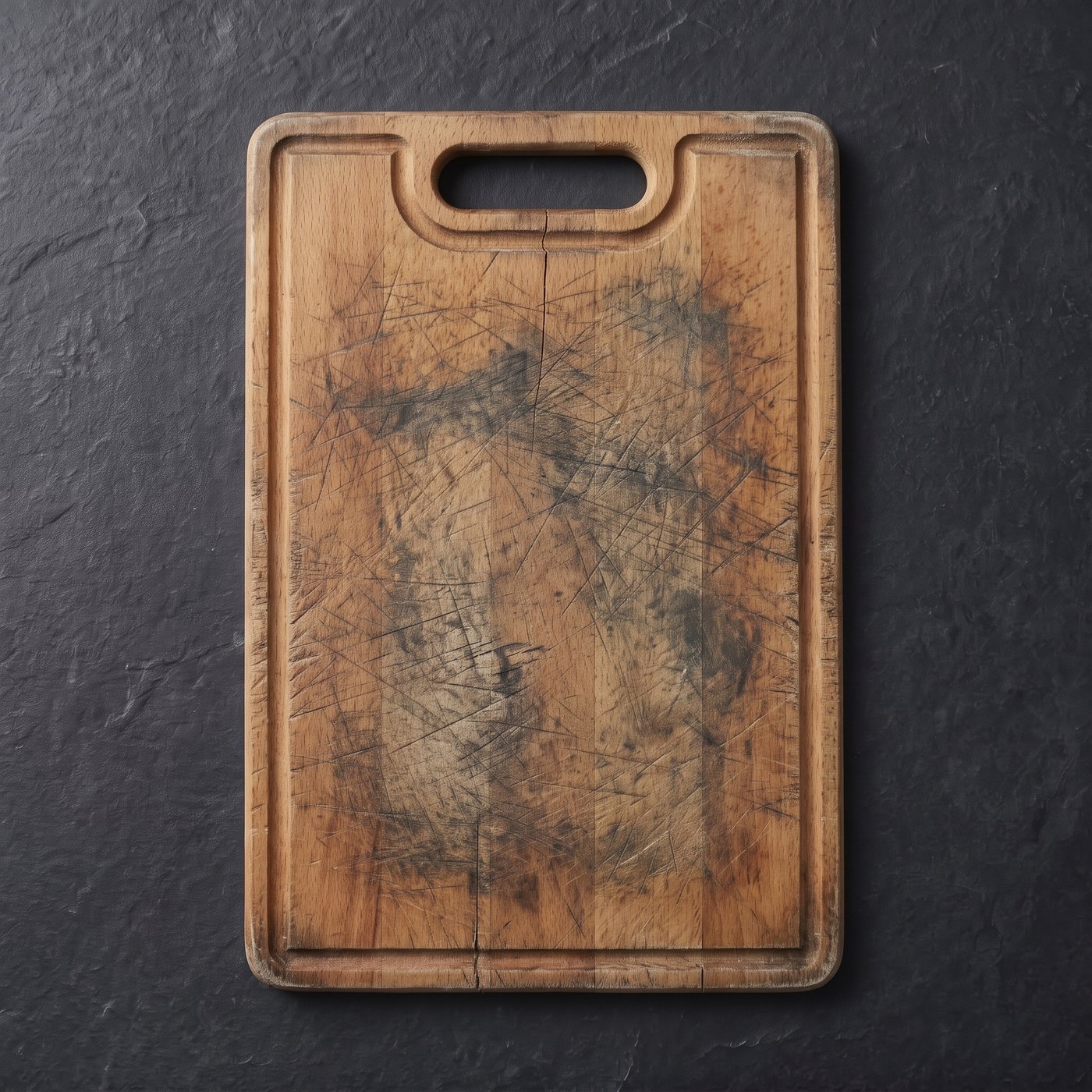 A stained, knife-scored wooden cutting board